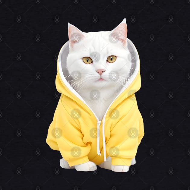 Beautiful white british shorthair wearing yellow hoodie by Luckymoney8888